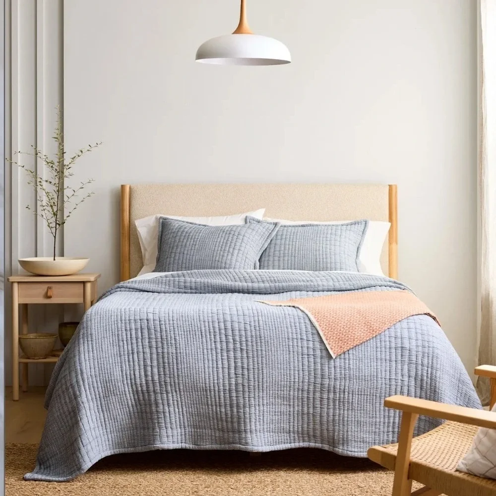 Quince NWT Organic Cotton Channel Stitch Coverlet Set Blue Shams King/ Cal King